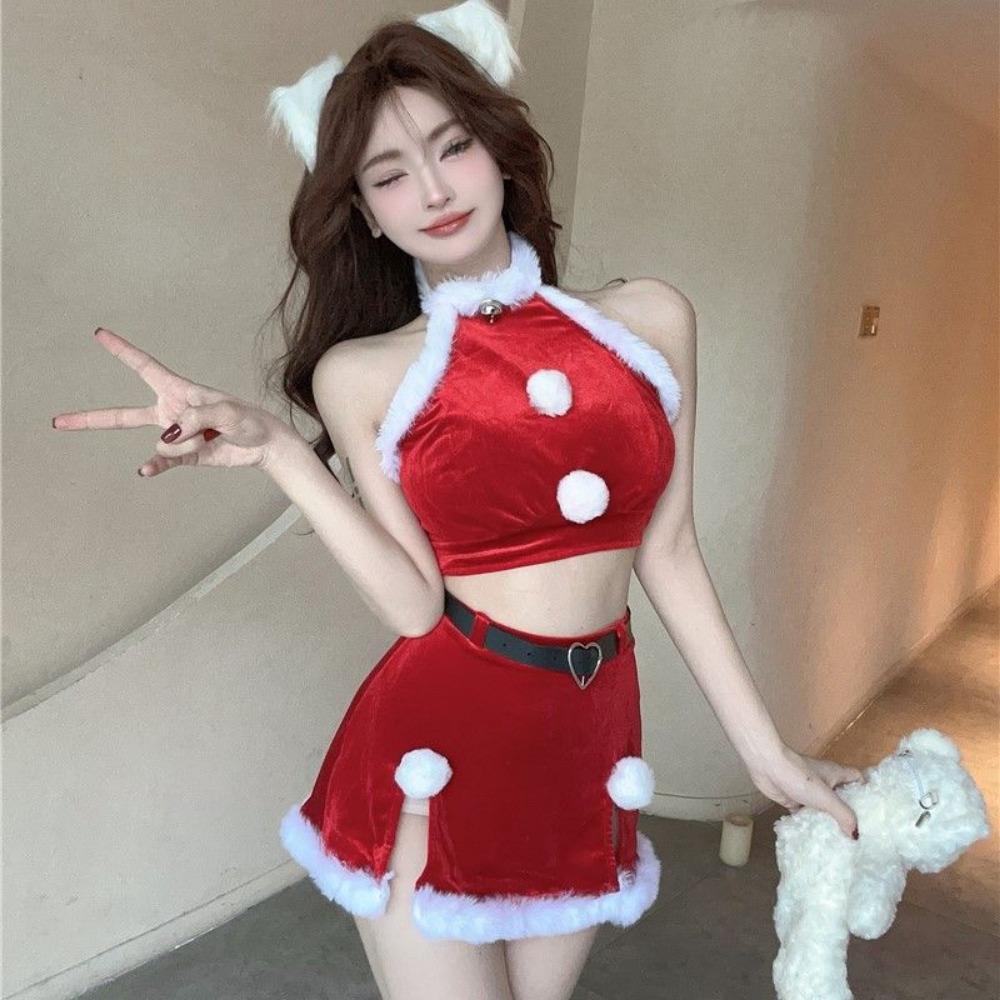 New Sexy Pure Wind Velvet Plush New Year's Day Christmas Split Temperament Short Dress Suit for Women