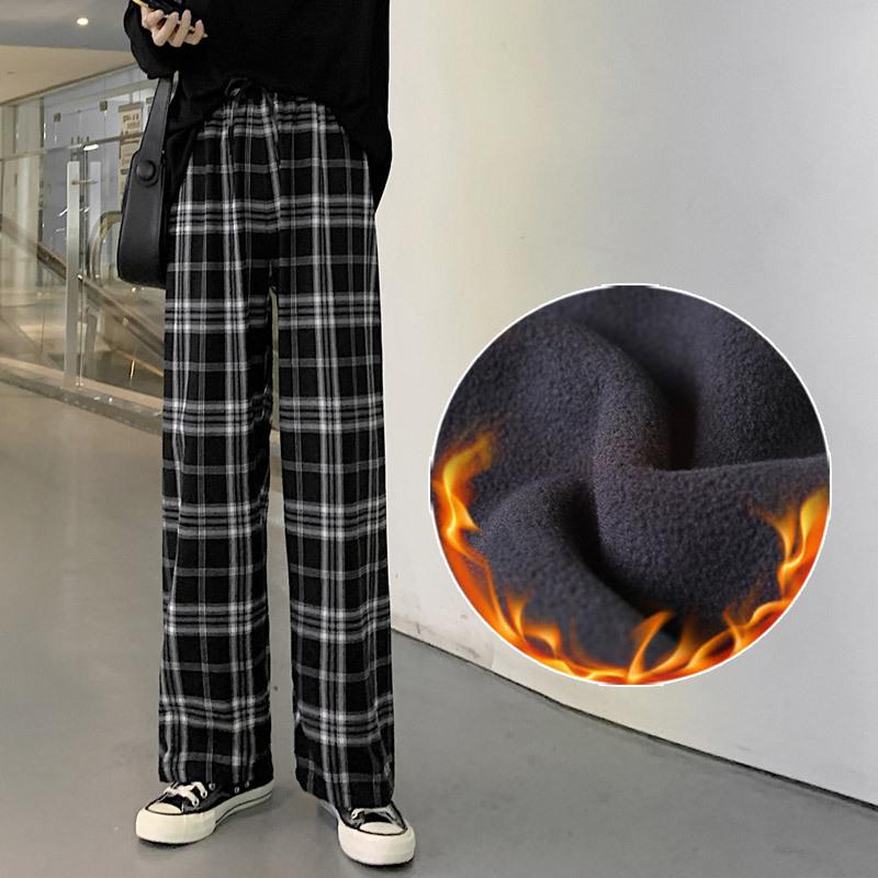 Zimowe spodnie w kratę Spodnie z szerokimi nogawkami Damskie Nowe Spodnie z wysokim stanem i wyściółką Spodnie codzienne
