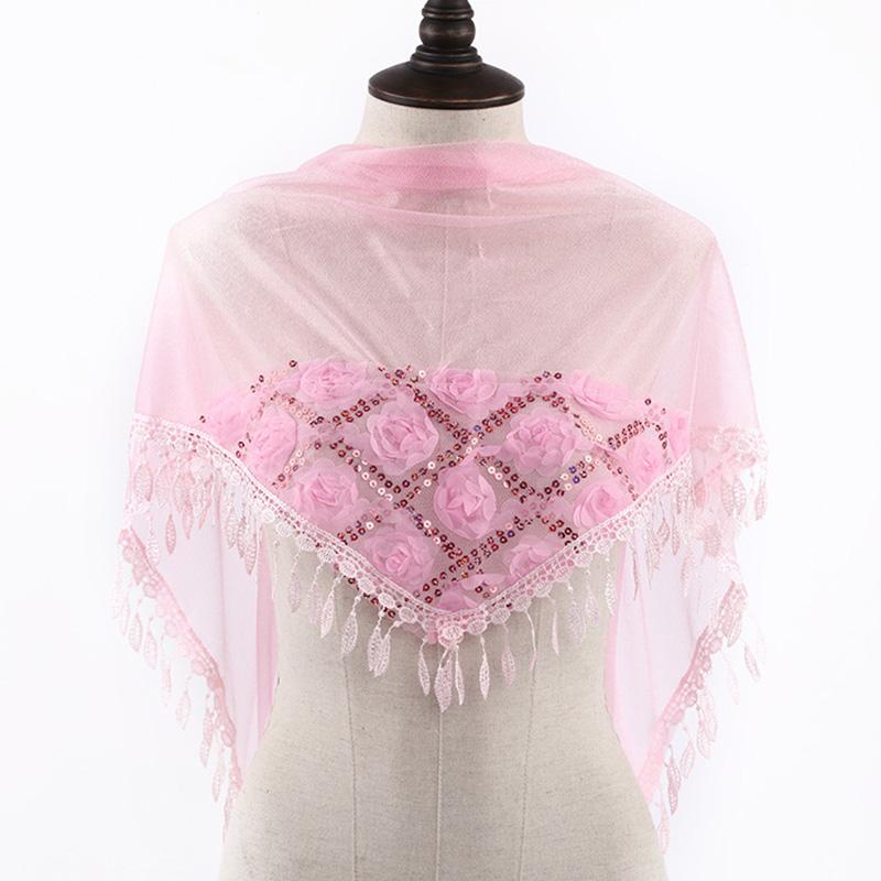 Korean Women Winter Long Neck Protection Plush Warm ShawlSolid Sequin Fragmented Flower Embroidery Lace Tassel Triangle Scarf