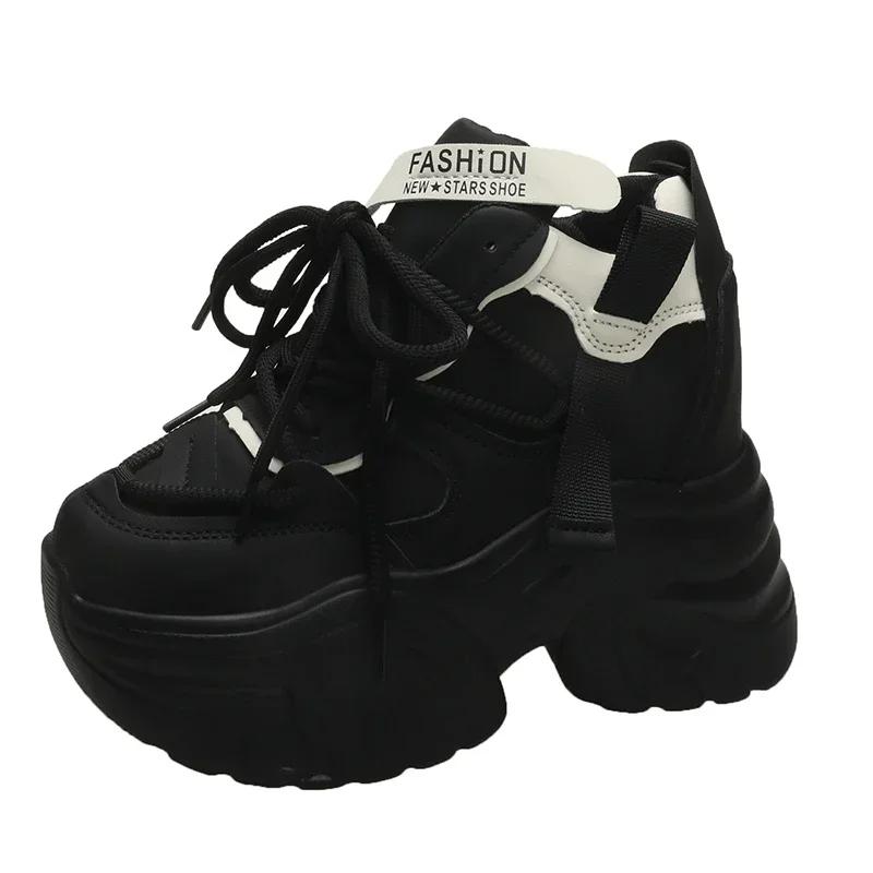 Fashion Women Walking Sneakers Autumn Lace-up High Platform Chunky Shoes Breathable Leather Shoes 10.5CM Winter Wedge Heels Casual Shoes