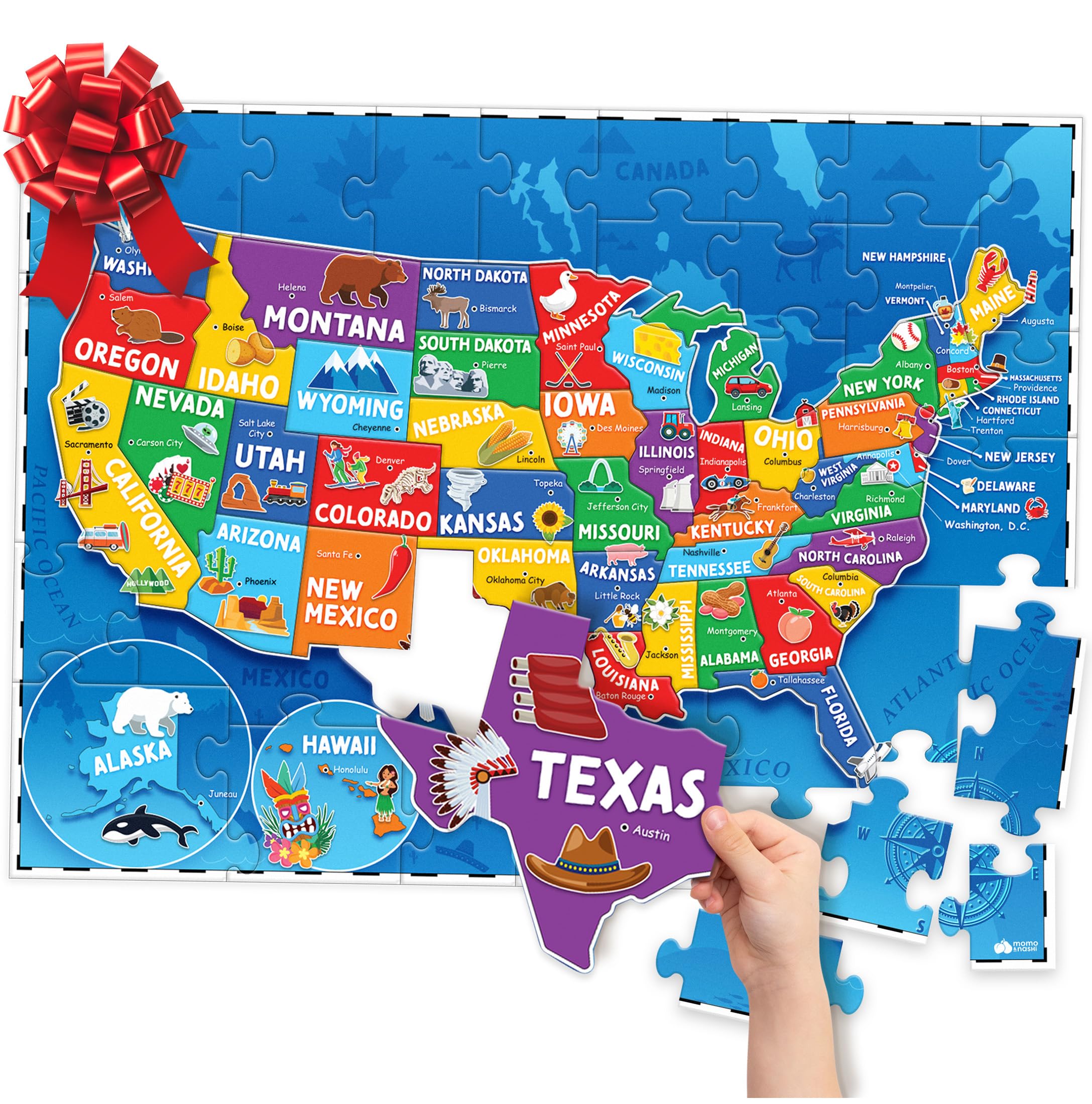 

Momo & Nashi America Puzzle for Kids Ages 4-6 - Educational Toy for 3-Year-Old Boys and Girls - 70-Piece US Map Kids Puzzle with 50 States and