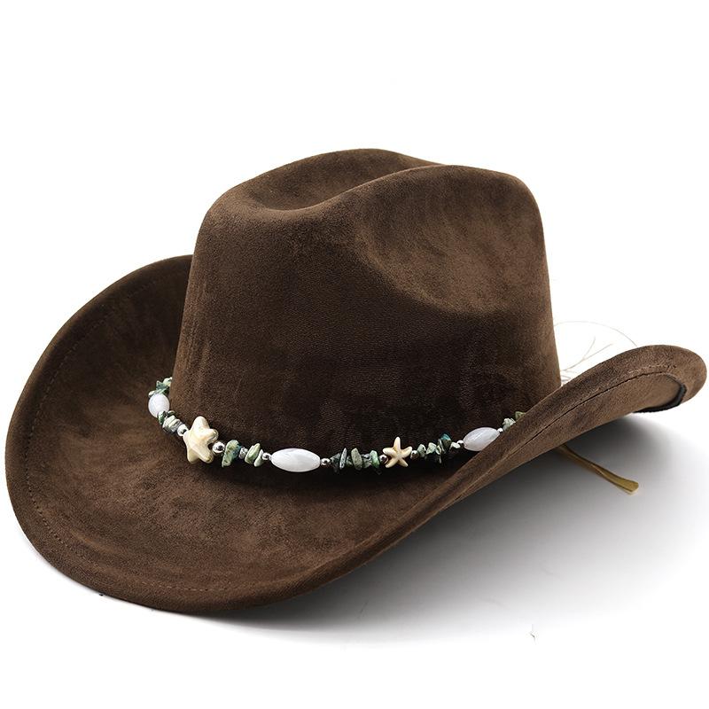 Western suede upturned edge Western cowboy hat Men's and women's outdoor travel hat Rolled brim Ethnic style top hat Felt hat