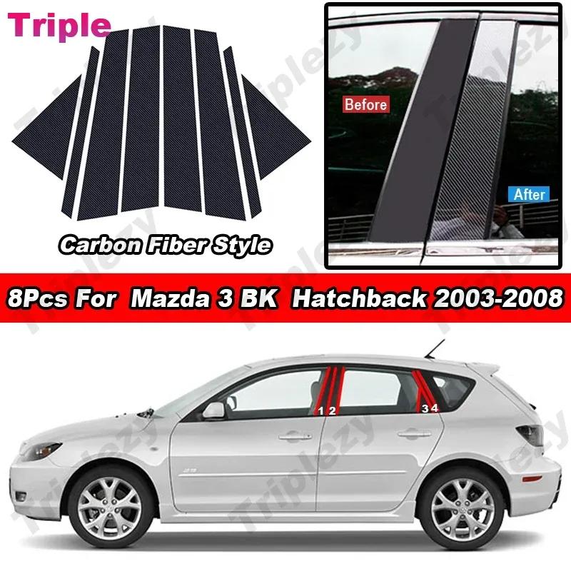 8 Stück Glänzendes Piano Schwarz/Kohlefaser Fenster Säulen Pfosten Verkleidung Abdeckung Tür Aufkleber PC Material Für Mazda 3 BK Hatchback 2003-2008