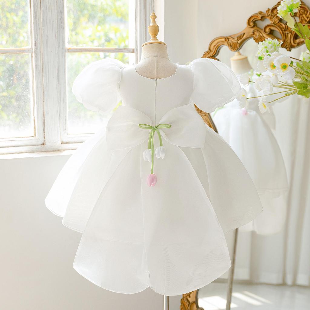 European Children's White Flower Mesh Puffy Formal Princess Birthday Dress 2026