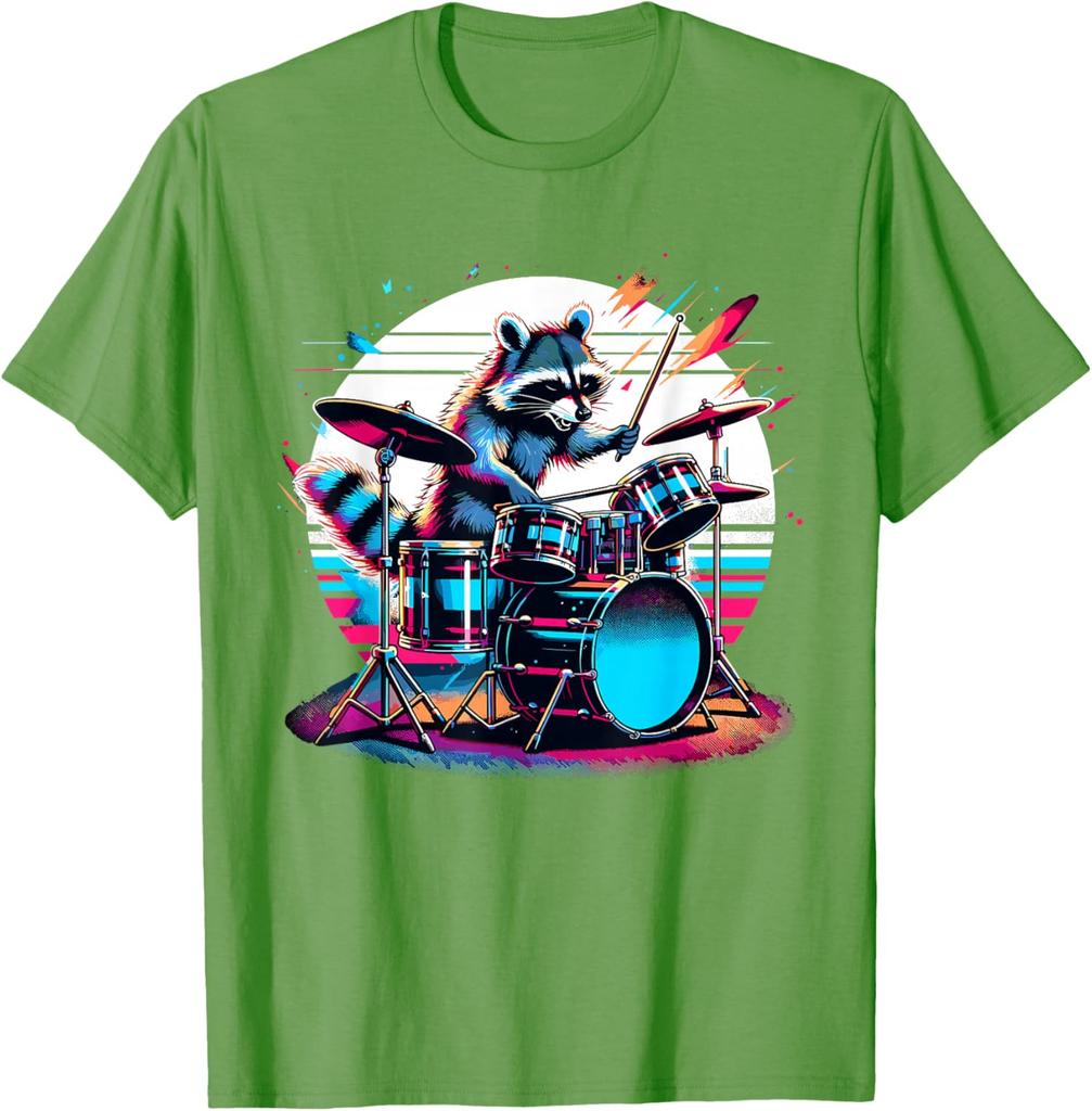 Raccoon Drummer Musician Retro Graphic TShirt Breathable Casual Cotton Tee