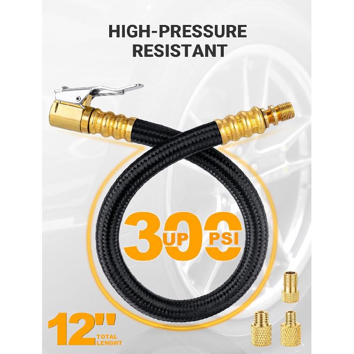 12'' Tire Inflator Extension Tube, Tire Pump Chuck Hose Adapter W/Presta Valve For Air Compressor Quick-Inflation, Clip On Air Chuck High-Pressure