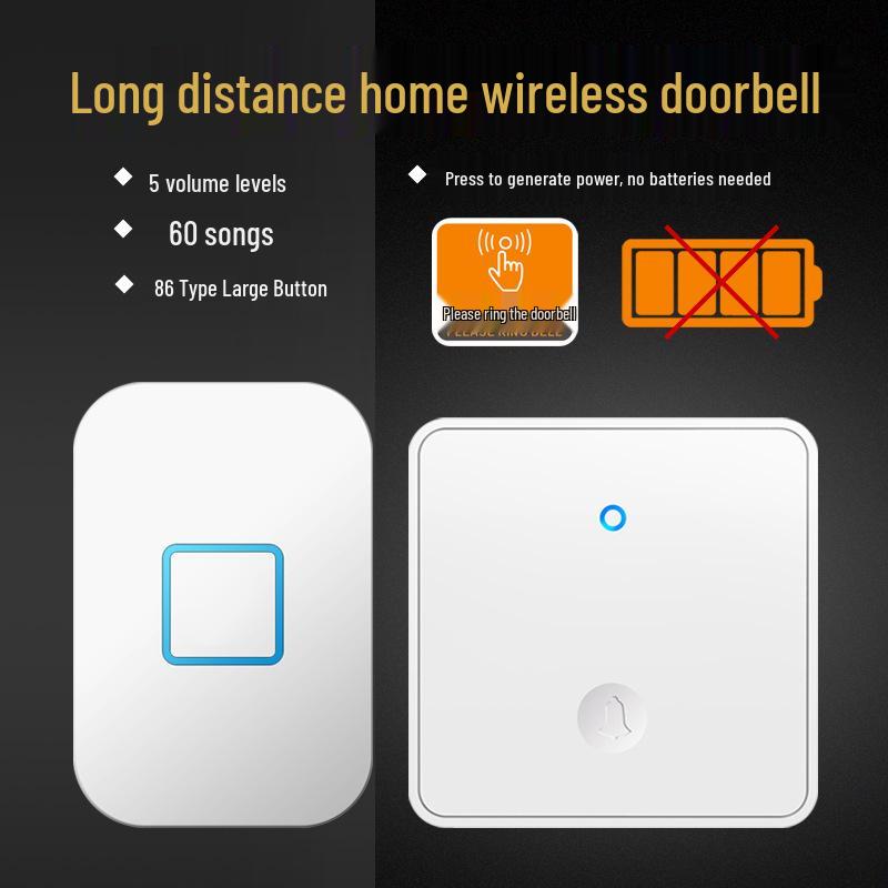 Wireless Self-Powered Doorbell, Long-Range, Waterproof, Elderly Call Button, 86 Type Large Panel