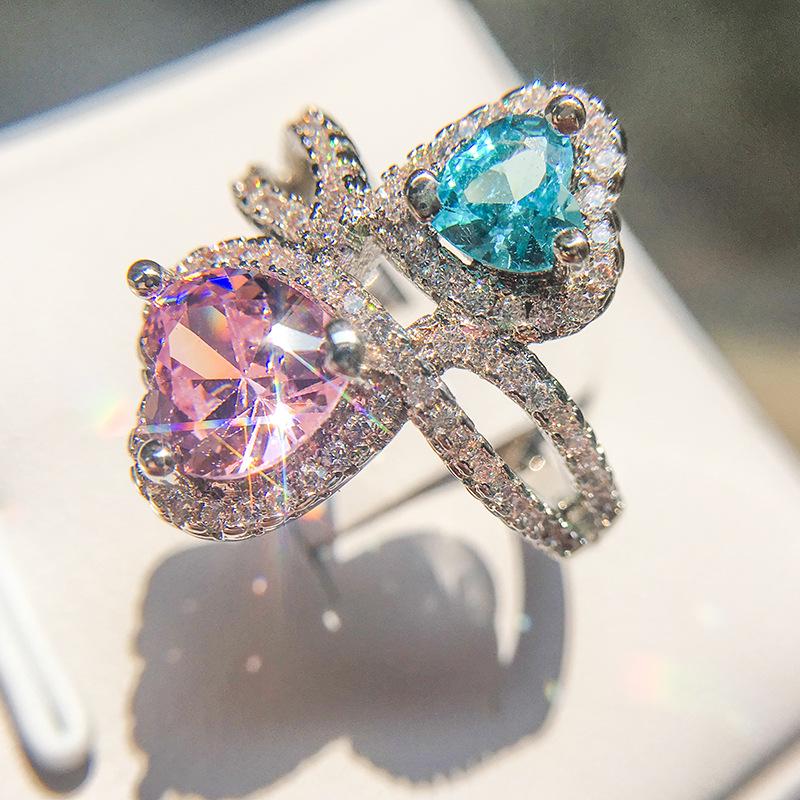 European & American Fashion Rhinestone Crystal Double Heart Ring