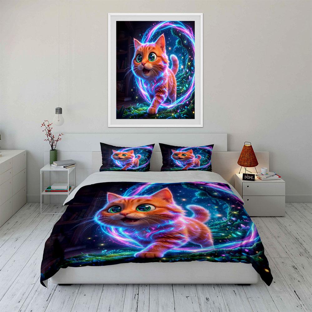 Glowing cat, magical forest. Print Bedding Set 1 Duvet Cover 2 Pillowcases for Adult and Children Luxury Gift Full Size