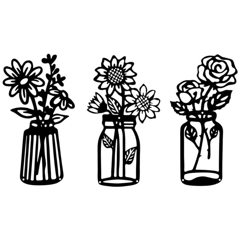 Flower Vase Wall Decorations Metal Flower Vase Sculpture HollowOut Wall Sign Sculpture Hangings Decorations for Bedroom