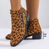 Autumn new pointed leopard print medium heel short boots large size side zipper thick heel European and American Chelsea boots women