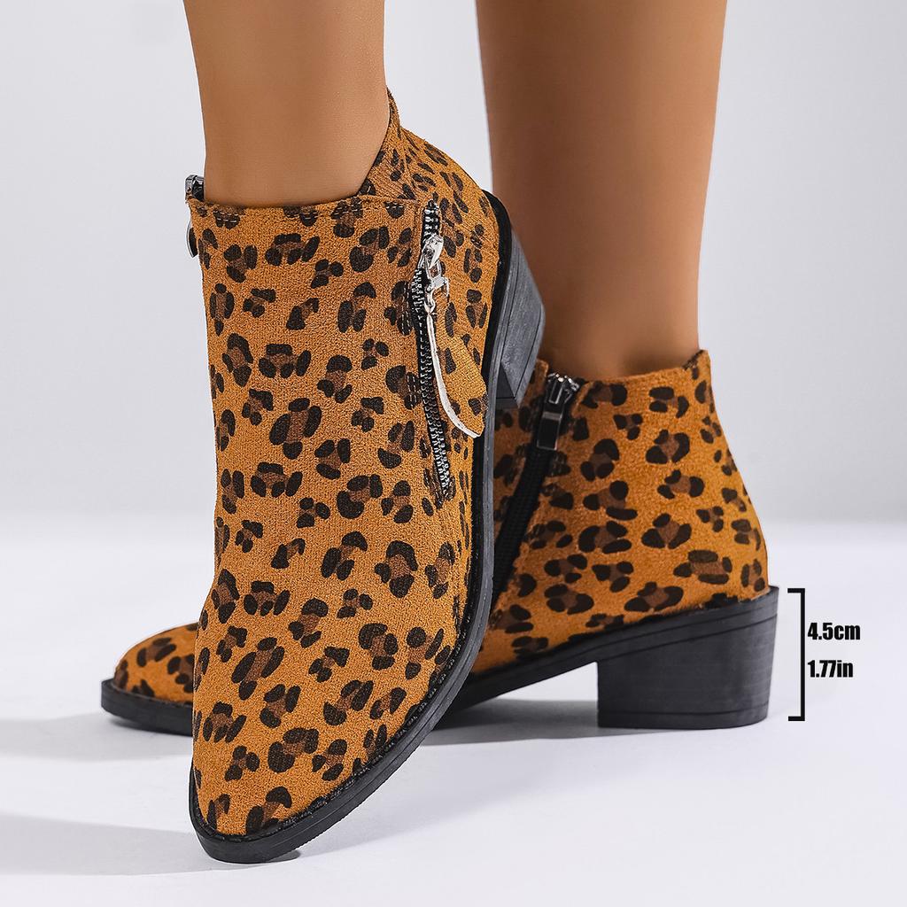 Autumn new pointed leopard print medium heel short boots large size side zipper thick heel European and American Chelsea boots women