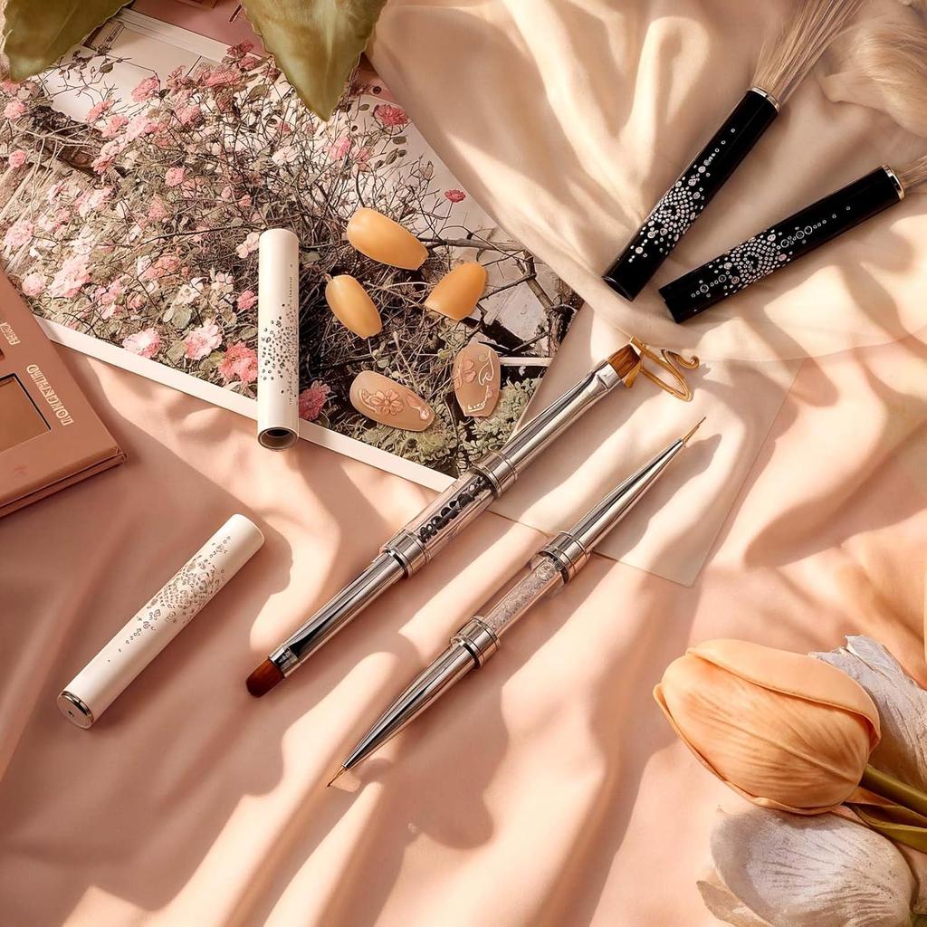 2 Pcs Gel Builder Brush, Double Ended Nail Art Brushes Hard Gel Brush French Manicure Brushes with Transparent Pen Box for Home DIY Salon Design