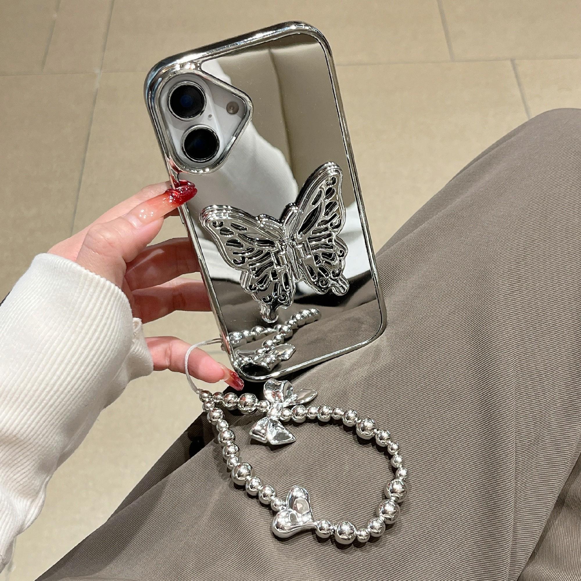 

For iPhone 16 Case with Butterfly Kickstand,Strap TPU Acrylic Phone Back Cover Mirror Surface As Shown A