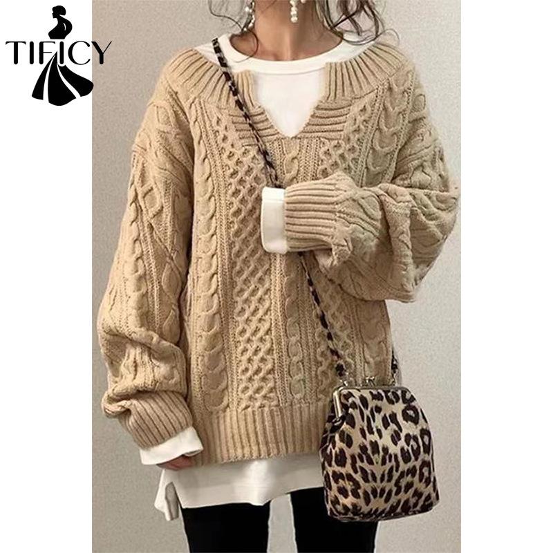 TIFICY Women's Fashion Casual Fall Winter Solid Color Print Long Sleeve V-Neck Sweaters