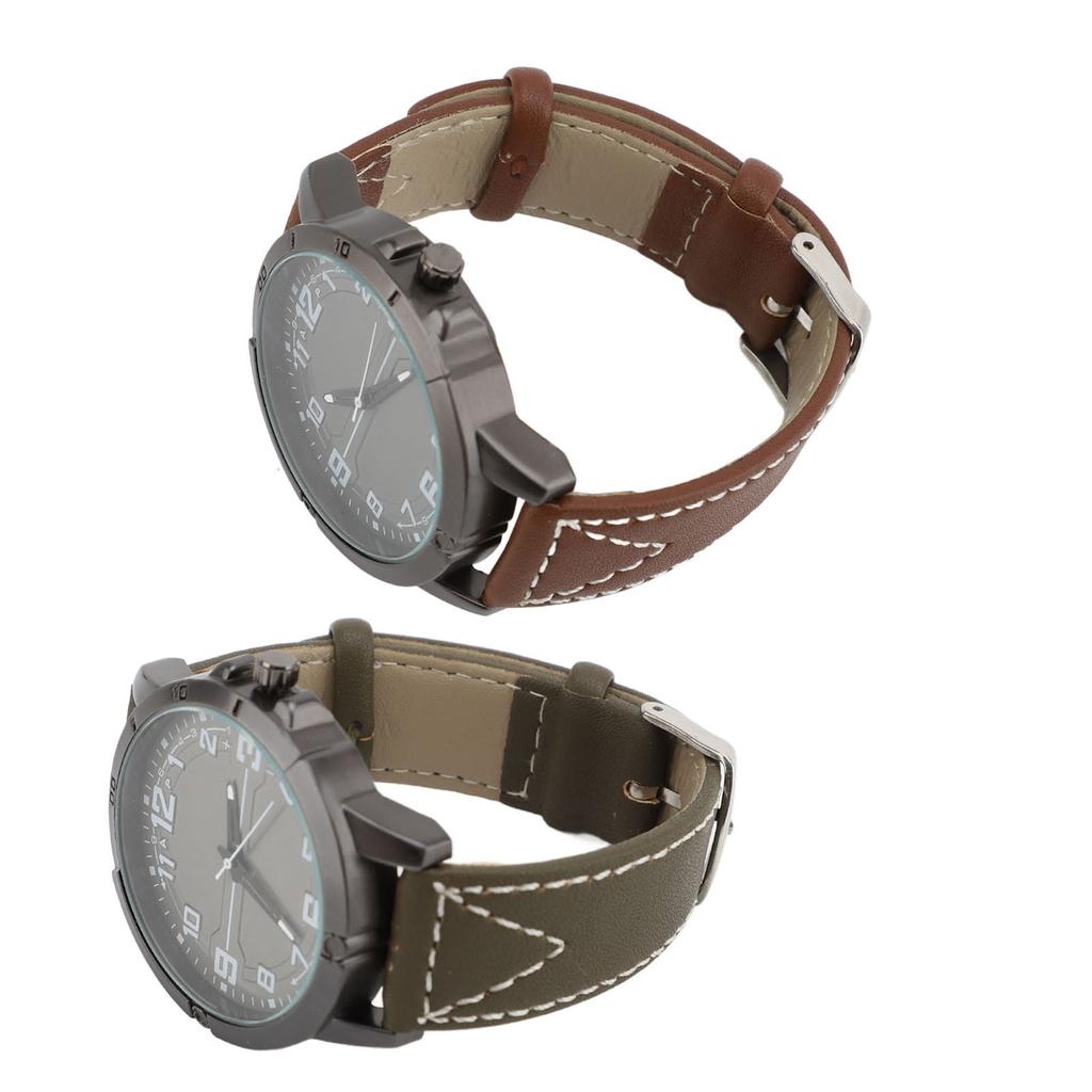 Men Quartz Watch Round Large Dial PU Leather Strap Retro Wristwatch for Daily Life Sports Business P