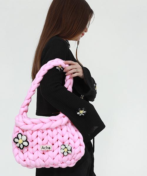 Acho Daisy Knitted Pompon Shoulder Bag_Pink