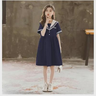 Girls' Summer Navy Collar Short-Sleeve Dress - JK Style