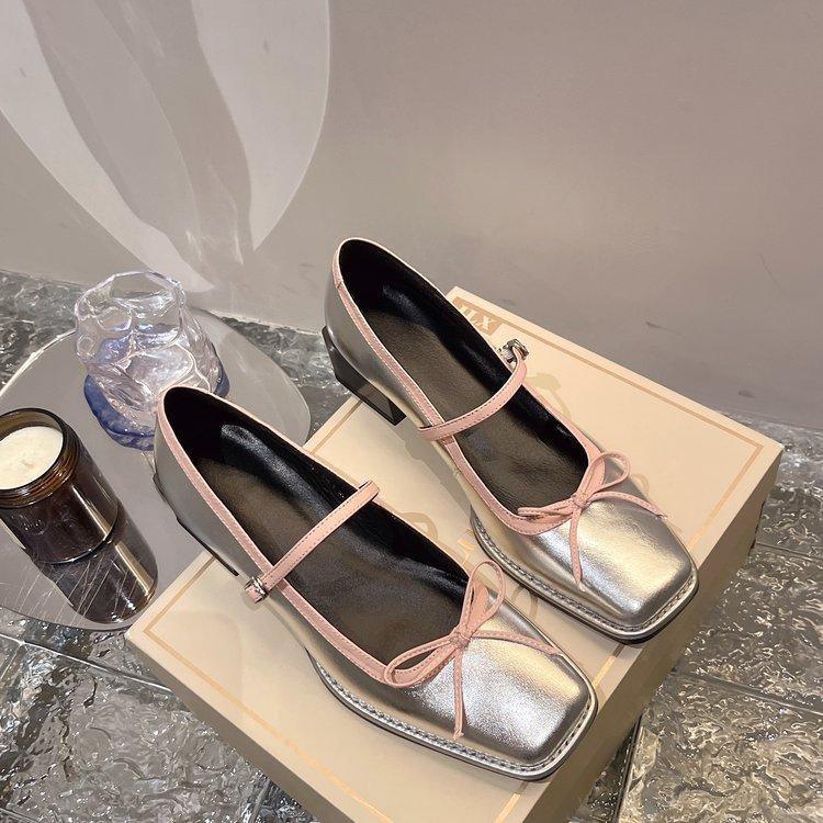 

Sweet Square Head Light Mouth Bow Silver Medium Heel Mary Jane Single Shoes Women s Leather Ballet Shoes 40 срібний