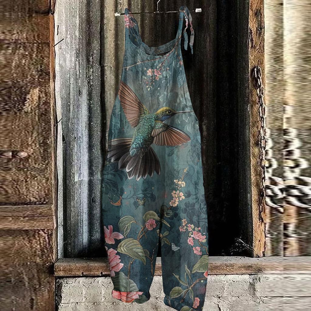 Women's Jumpsuit Floral Print Casual Loose Vintage Shoulder Strap Cotton Linen