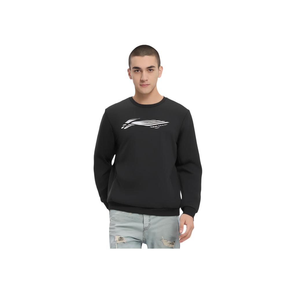 Li Ning Fitness Series Logo Comfortable Casual Crew Neck Pullover Sweatshirt Men sweatshirt Black AWDTA63-1