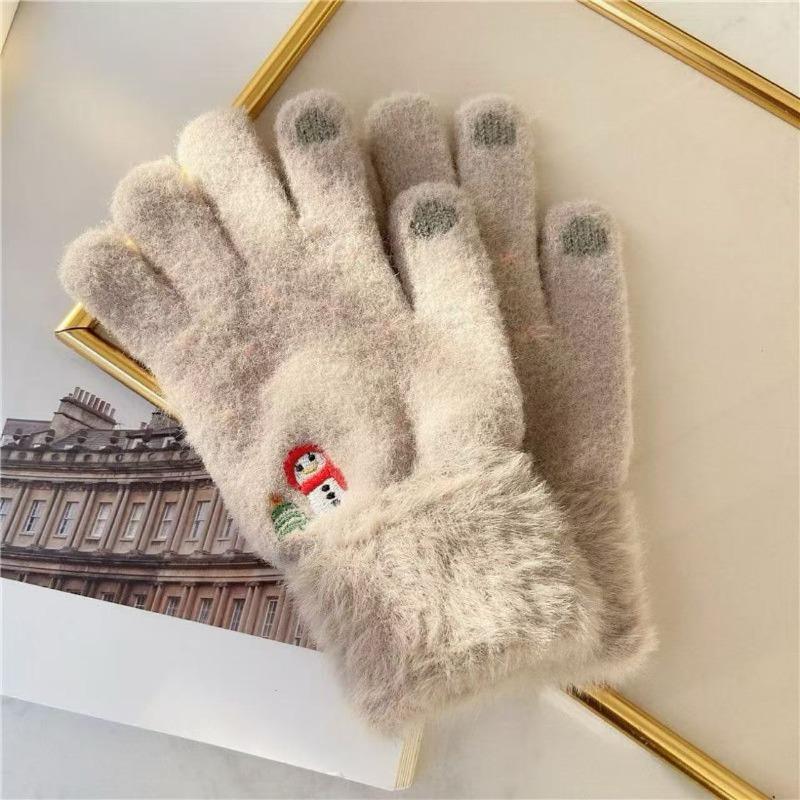 Winter Warm Gloves Plush Cartoon Cute Christmas Snowman Five-Fingered Gloves Can Student Girls