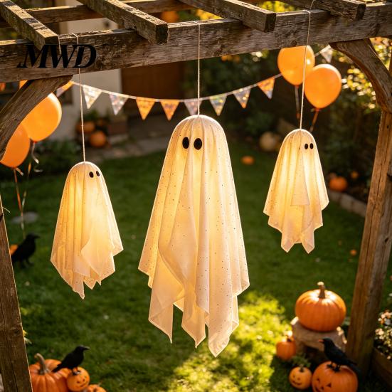 Glowing Halloween Scene Accessories 3Pcs Lighted Hanging Ghost Decorations,Glowing Warm LED Floating Ghosts, Swinging Creepy Yard Decorations