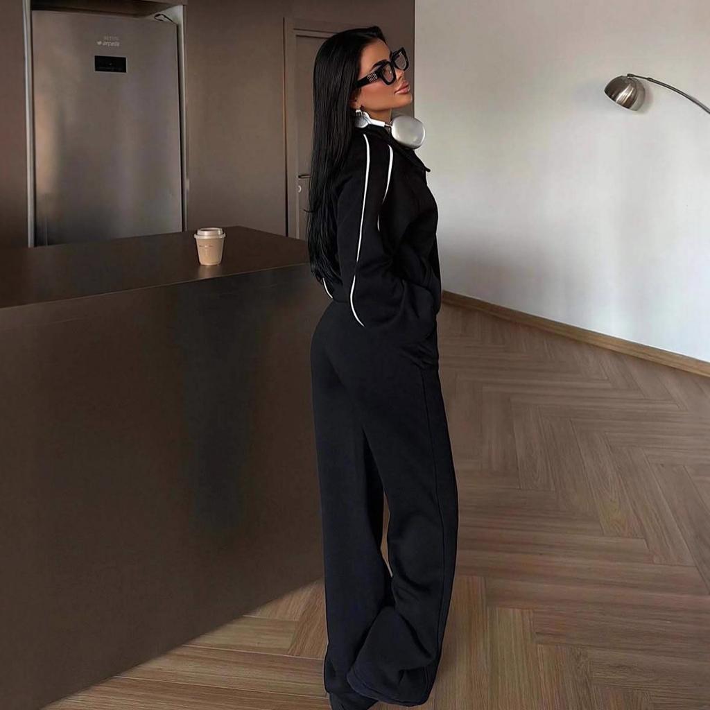 2025 cross-border European and American women's clothing Amazon zipper long-sleeved straight slim-fit casual pants commuter fashion suit