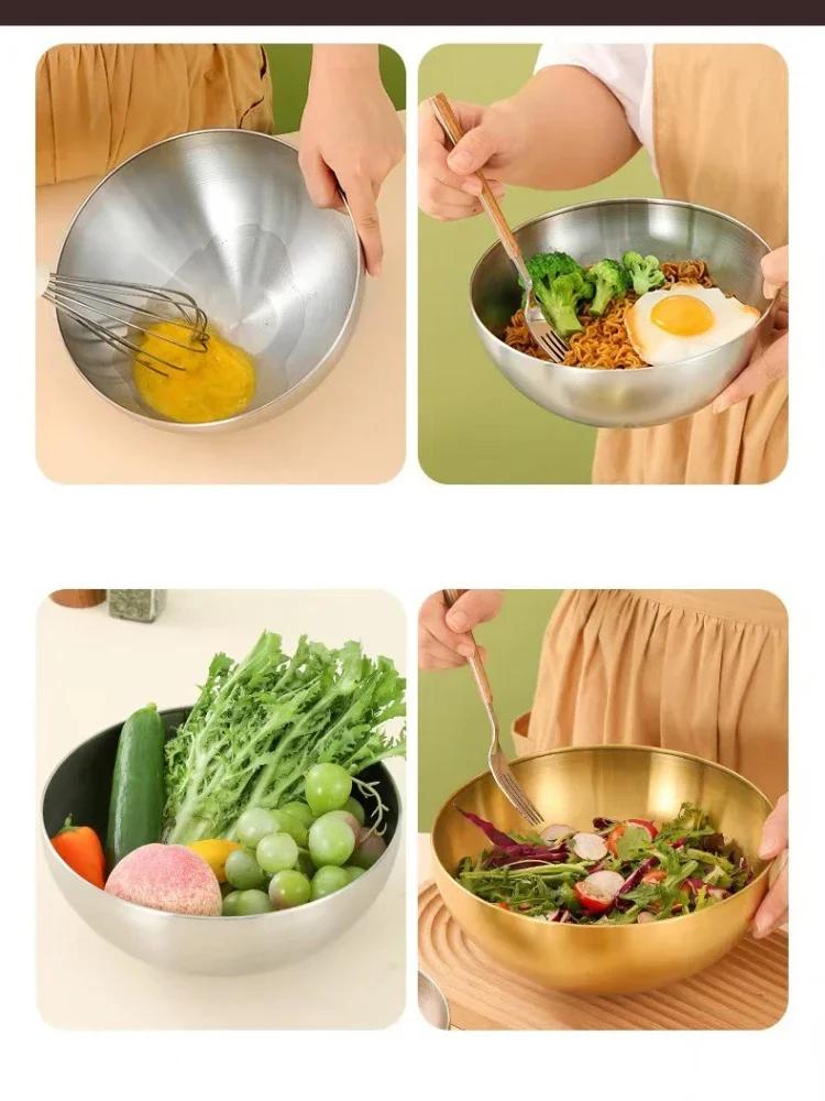 Golden Silver Salad Bowls Large Capacity Stainless Steel Korean Soup Rice Noodle Ramen Bowl Tableware Food Container Utensils