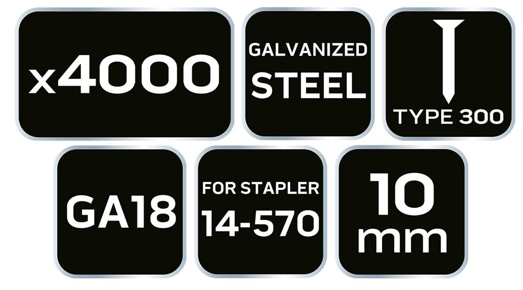 Galvanized nails for pneumatic stapler (14-570), GA18, Type 300 (F), length 10 mm, 4000