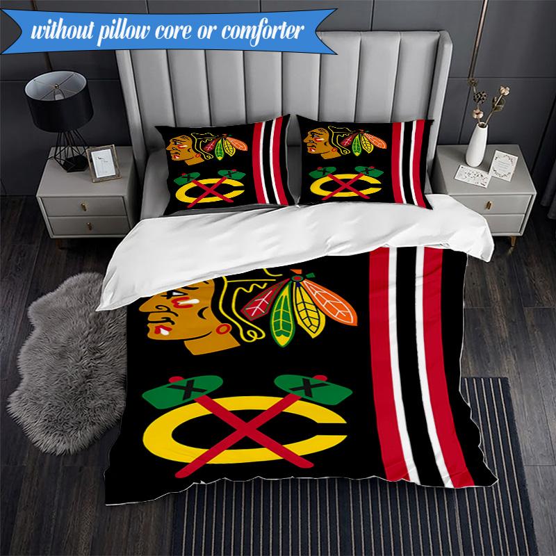 3PCS Chicago-Blackhawks Logo Bedding Set,Including 1pc Duvet Cover And 2pcs Pillowcases Perfect for Bedroom, Dormitory, Fan Christmas Gift