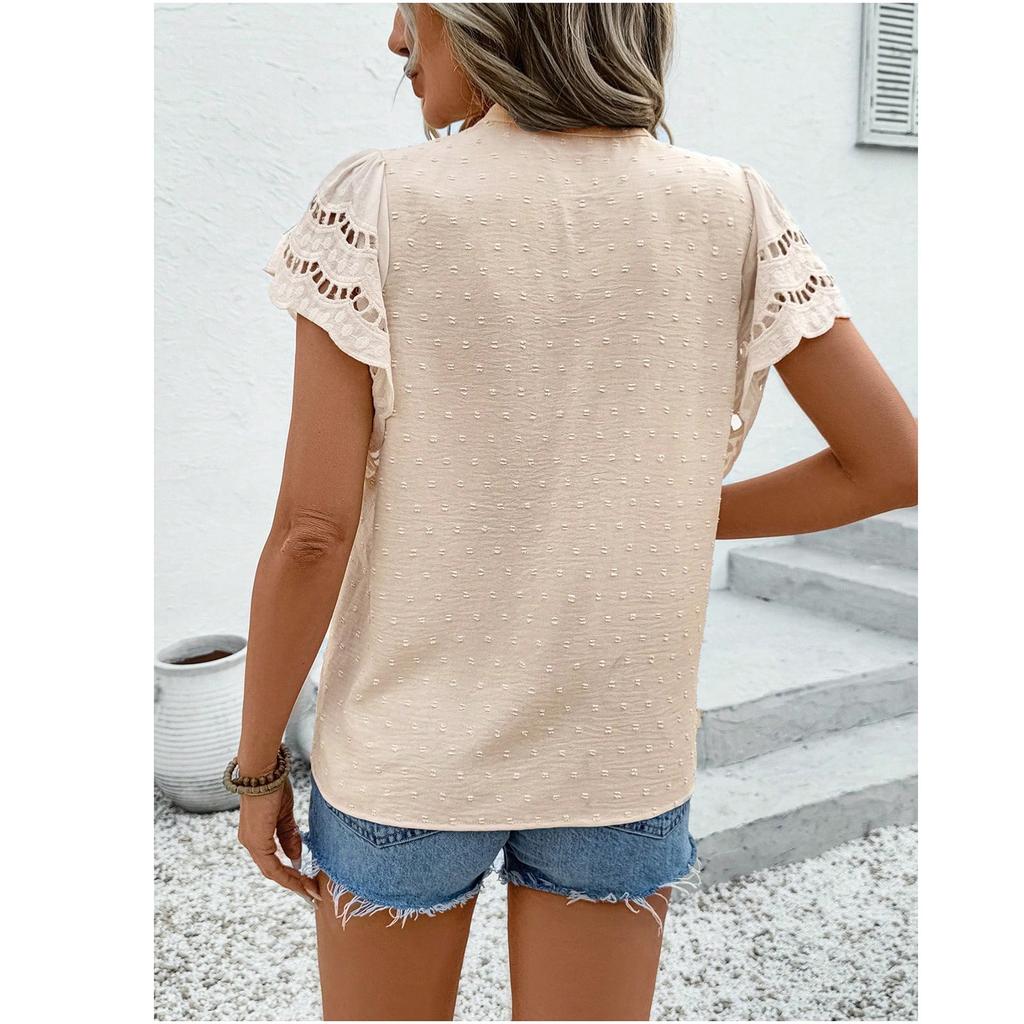 Lace Hollow Cardigan Button Short Sleeve T-shirt Tops Women