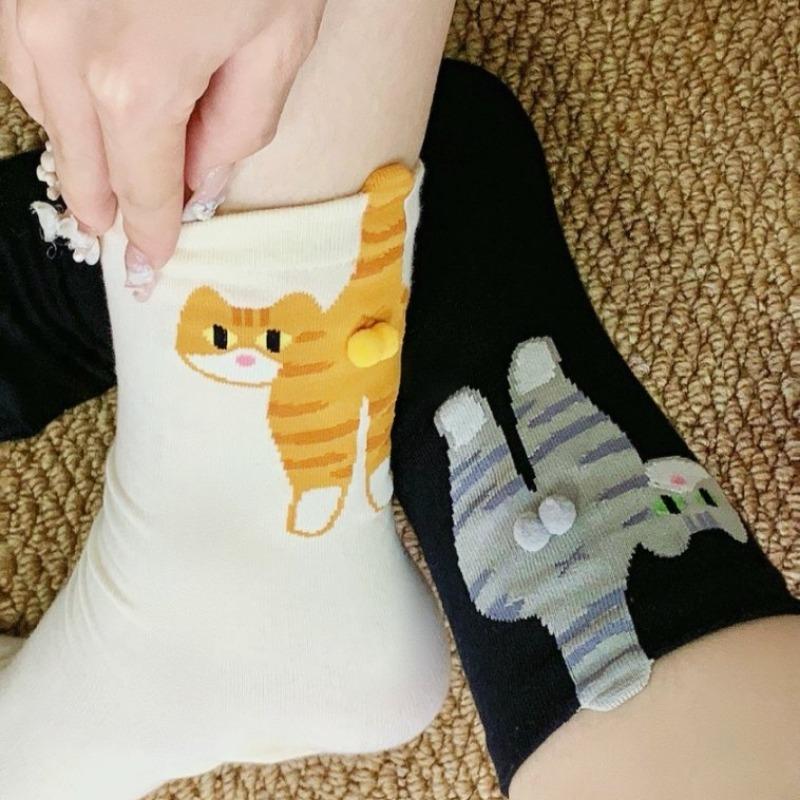 2 Pairs Cartoon Cute Cat Balls Cotton Socks Kawaii Lolita Knitting Socks Women Girls Middle Tube Sleep Sock Cat Print Floor Sock