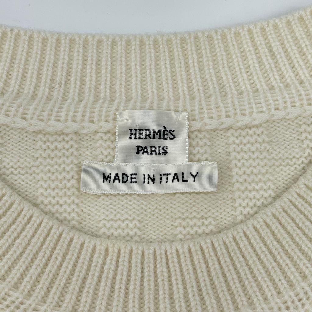 HERMES 23 Stainless Steel Ivory Wool H-Jacquard Crew Neck Long Sleeve Knit Pullover tops 36 IvoryUsed