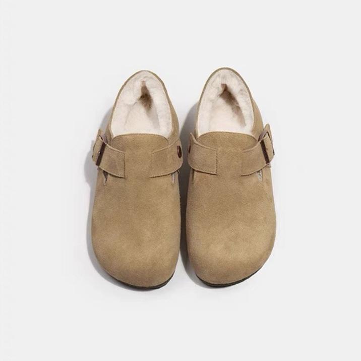 Модные весенне-осенние теплые толстые кожаные меховые туфли с большой головкой из хлопка с мехом повседневные туфли Boken для женщин 40 легкие хаки 3094₽