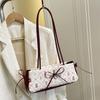 Sweet Cartoon Print French Stick Handbag Plaid Pleated Bow Shoulder Bag Contrast Color Large Capacity Cloth Underarm Bags Work