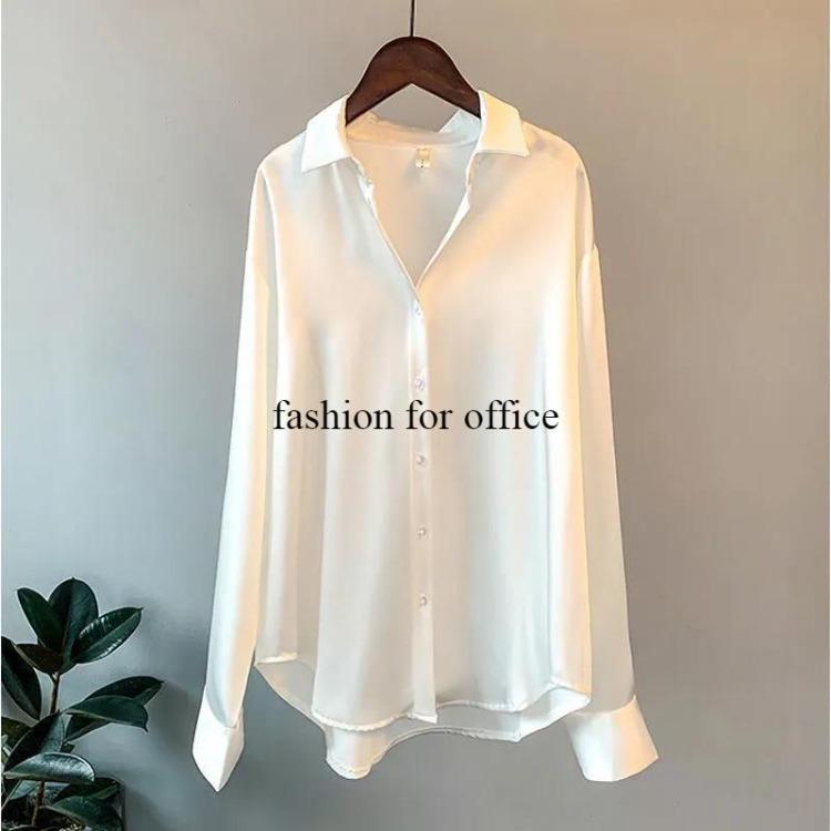 Long Sleeve Women Satin Blouse Loose Button Up Shirt Solid Tops Ladies Clothing Spring Autumn Fashion