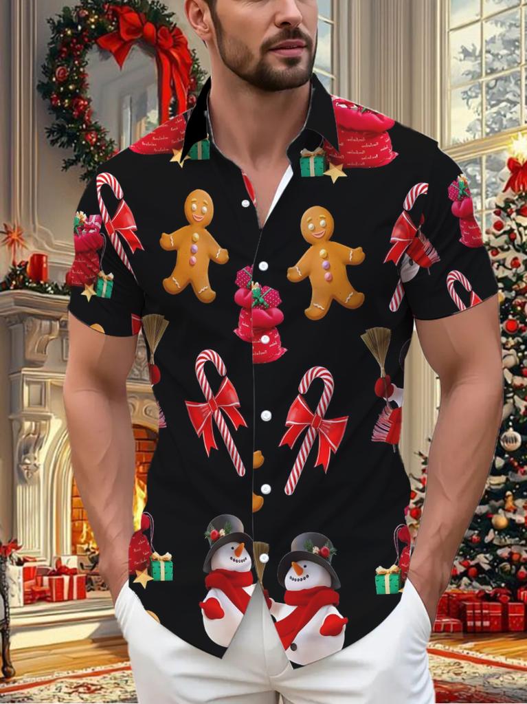 Men's Casual Short Sleeve Shirt, Christmas Print, 100% Polyester Fabric, Regular Fit with Collar, Button Front, Spring Summer Autumn Holiday Wear