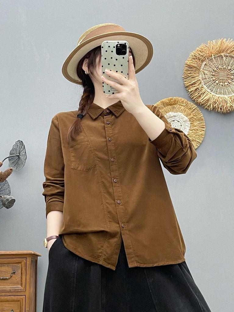 Korean Design Solid Corduroy Cardigan Women's Slimming Top, Long Sleeve Spring 2026 Casual Shirt