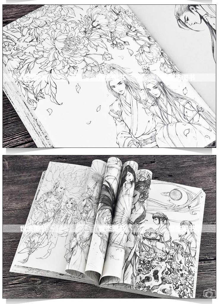 2 balení Čínská estetika Starověký styl Kniha k lineární kresbě Ilustrace barevnými tužkami Komiksová cesta Zametání květin -