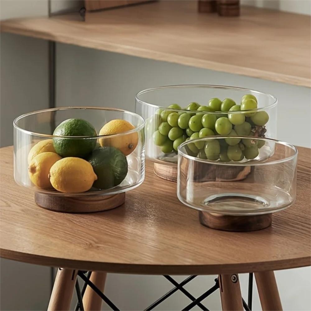 Wood Base Glass Fruit Bowl Transparent Glass Snack Storage Bowl Creative Salad Bowl Party