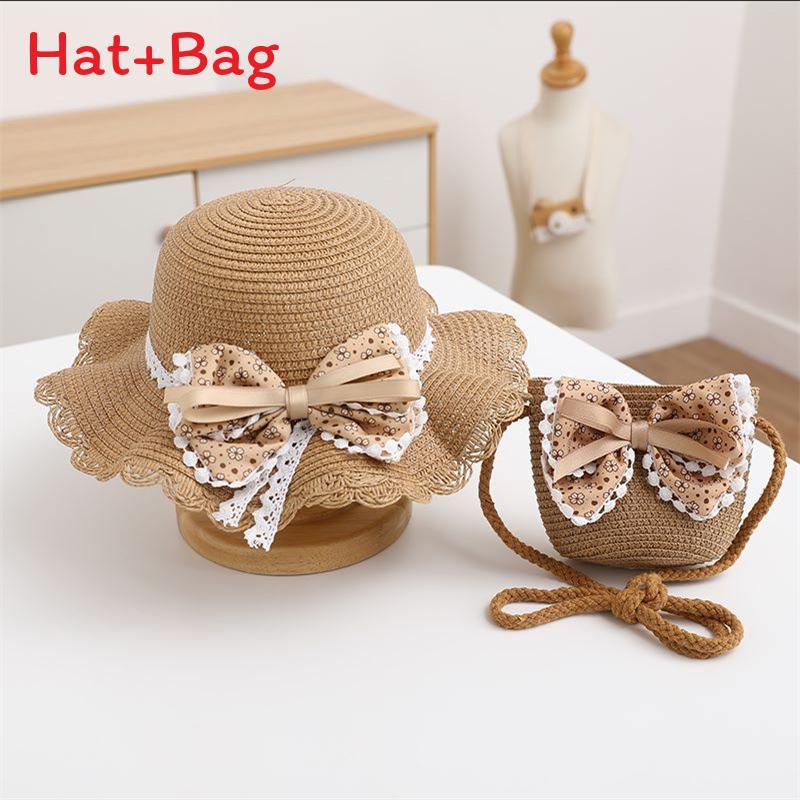 

Childrens Summer Straw Hat And Bag Set With Wide Brim Sun Protection For Girls