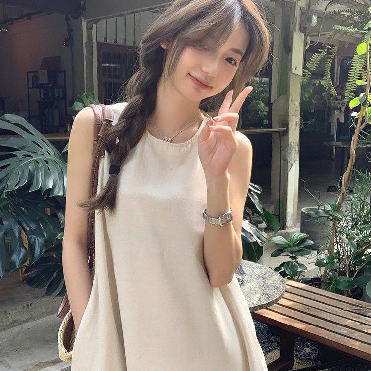 Women's Japanese & Korean Sleeveless Backless Summer Beach Dress: Loose Fit, Slimming Design