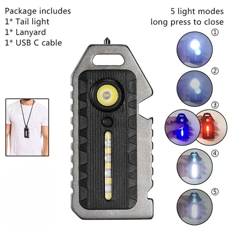 Portable LED COB Multi-functional Flashlight Keychain Outdoor Emergency Survival Whistle Bottle Opener Broken Window Hammer