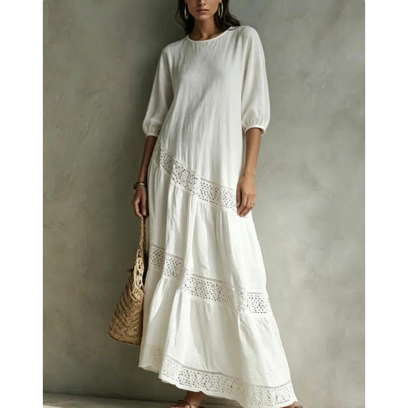 European and American new 2026 summer temperament bohemian lace hollow pleated dress S белый