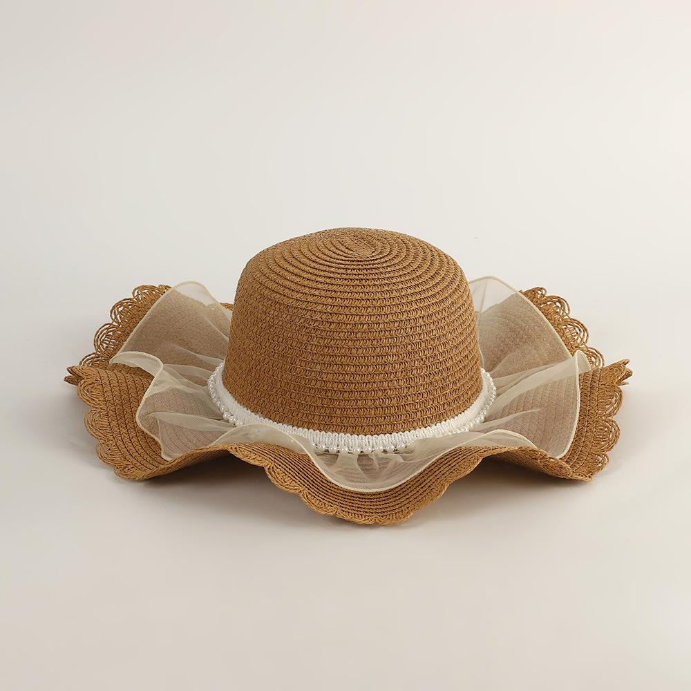 Pearl Mesh Girls' Summer Straw Hat Set - Parent-Child Style, Large Brim, Sun Protection