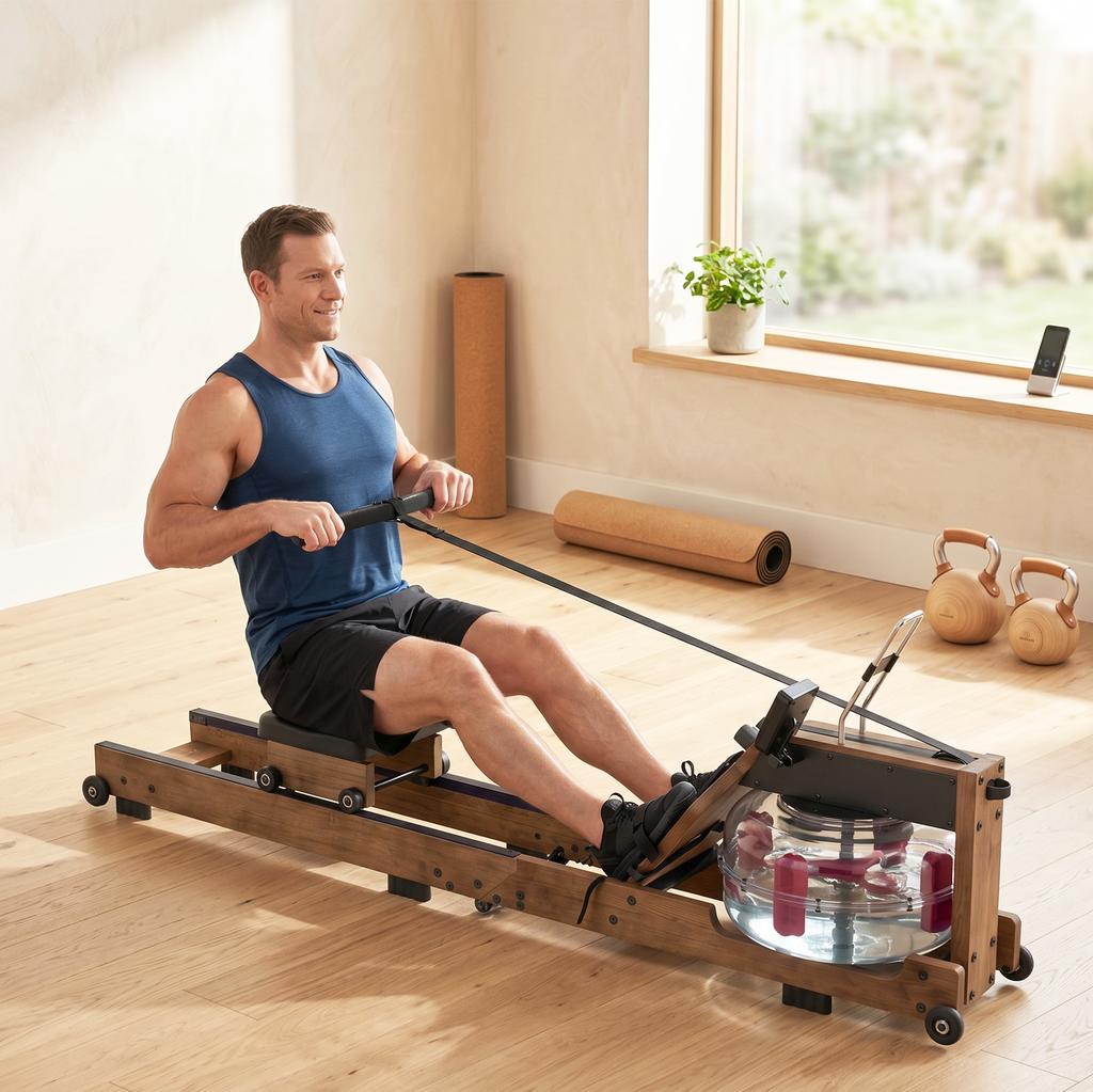 Water Rowing Machine, Foldable, Double Rail, Aluminum, 158 kg, Bluetooth, 182 x 42 x 67 cm, Oak