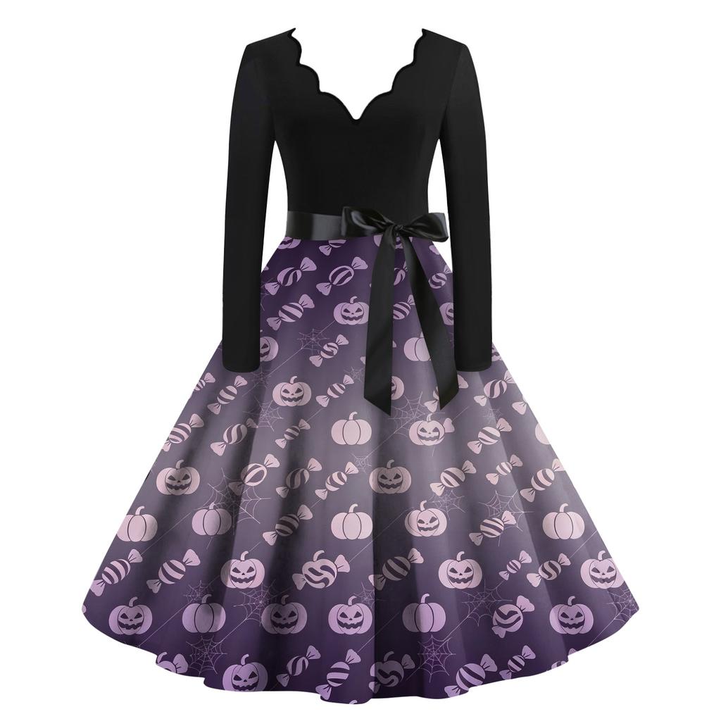 Women's Halloween Printed Long Maxi Dress for Costume Party