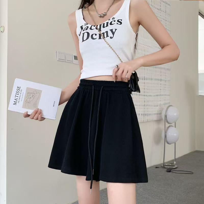Summer Women's Gray Casual Shorts - High Waist Wide Leg Loose Fit Slimming Drawstring Skort Pants