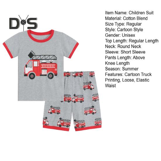 2 Pcs/Set Children Top Pants Suit Cartoon Truck Printing O Neck Pajamas Short Sleeve Summer Outfit Unisex Casual Homewear Clothes